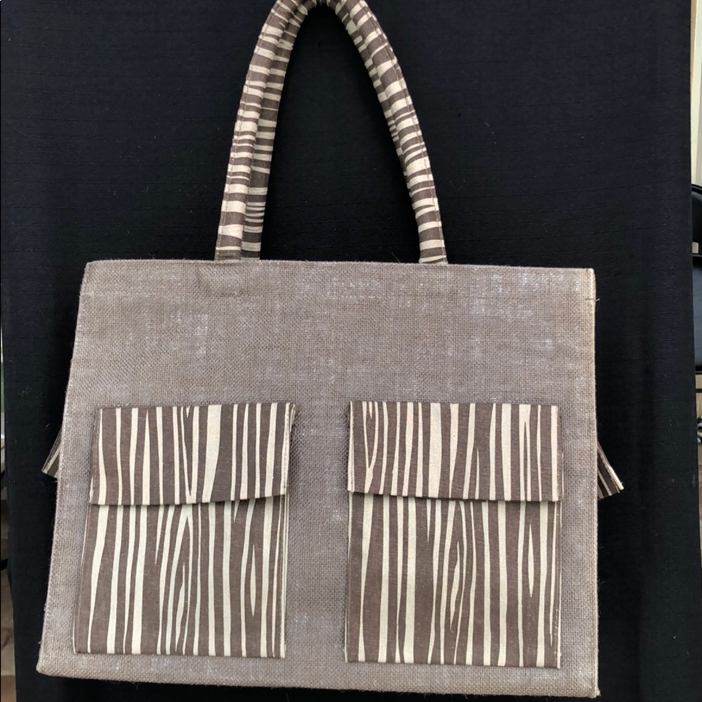 Brown Jute Box Tote with Outside Cargo Pockets